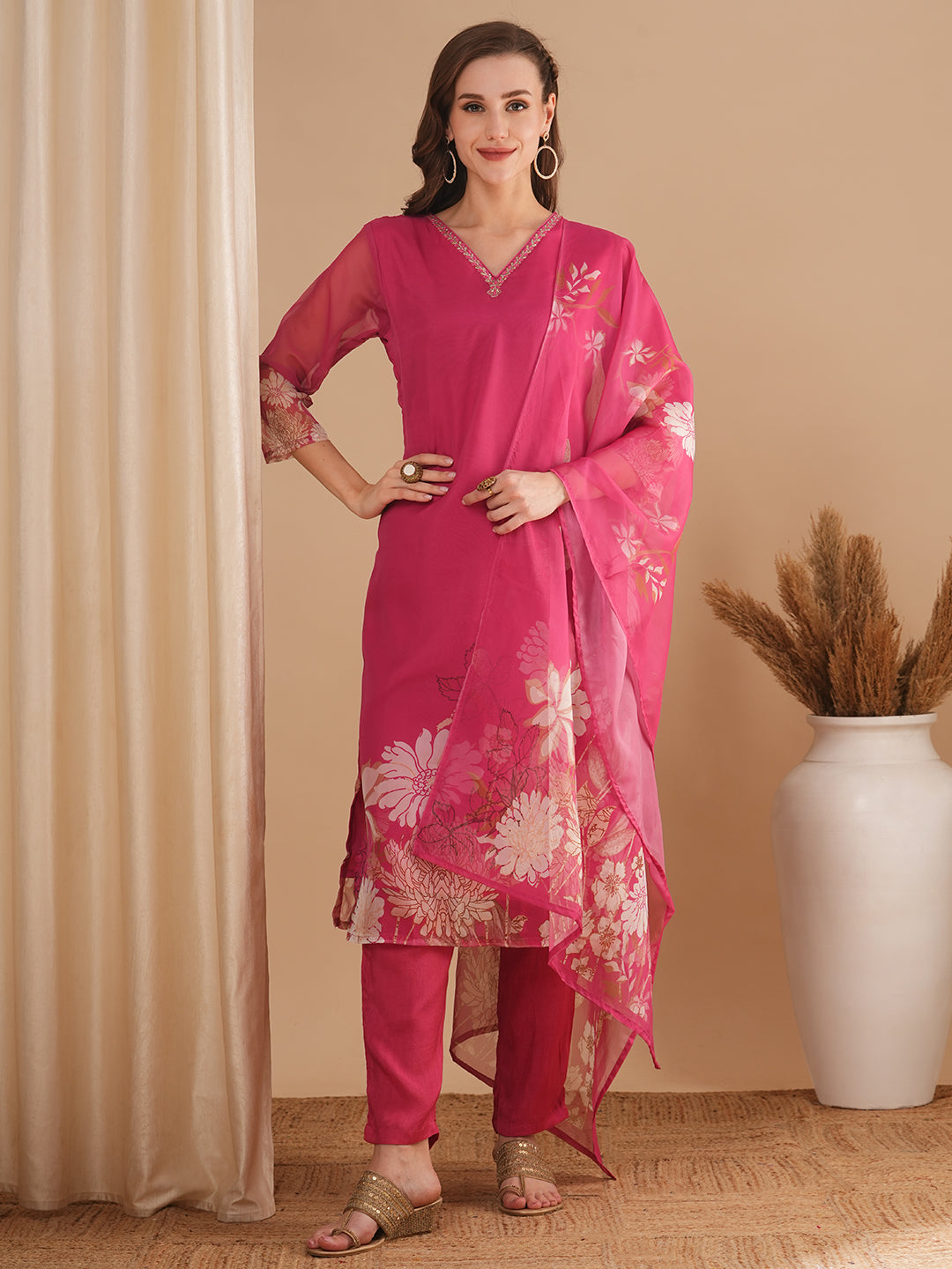 Floral Printed & Embroidered Straight Fit Kurta with Pant & Dupatta - Pink