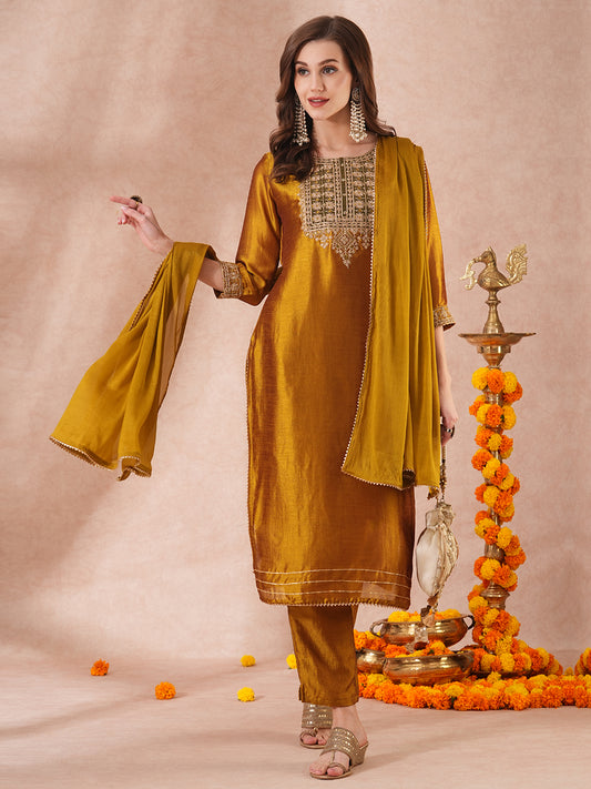 Solid Ethnic Embroidered Straight Fit Kurta with Pant and Dupatta - Mustard