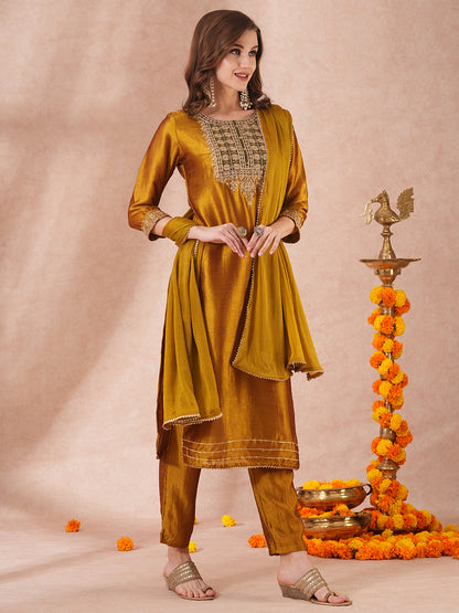 Solid Ethnic Embroidered Straight Fit Kurta with Pant and Dupatta - Mustard