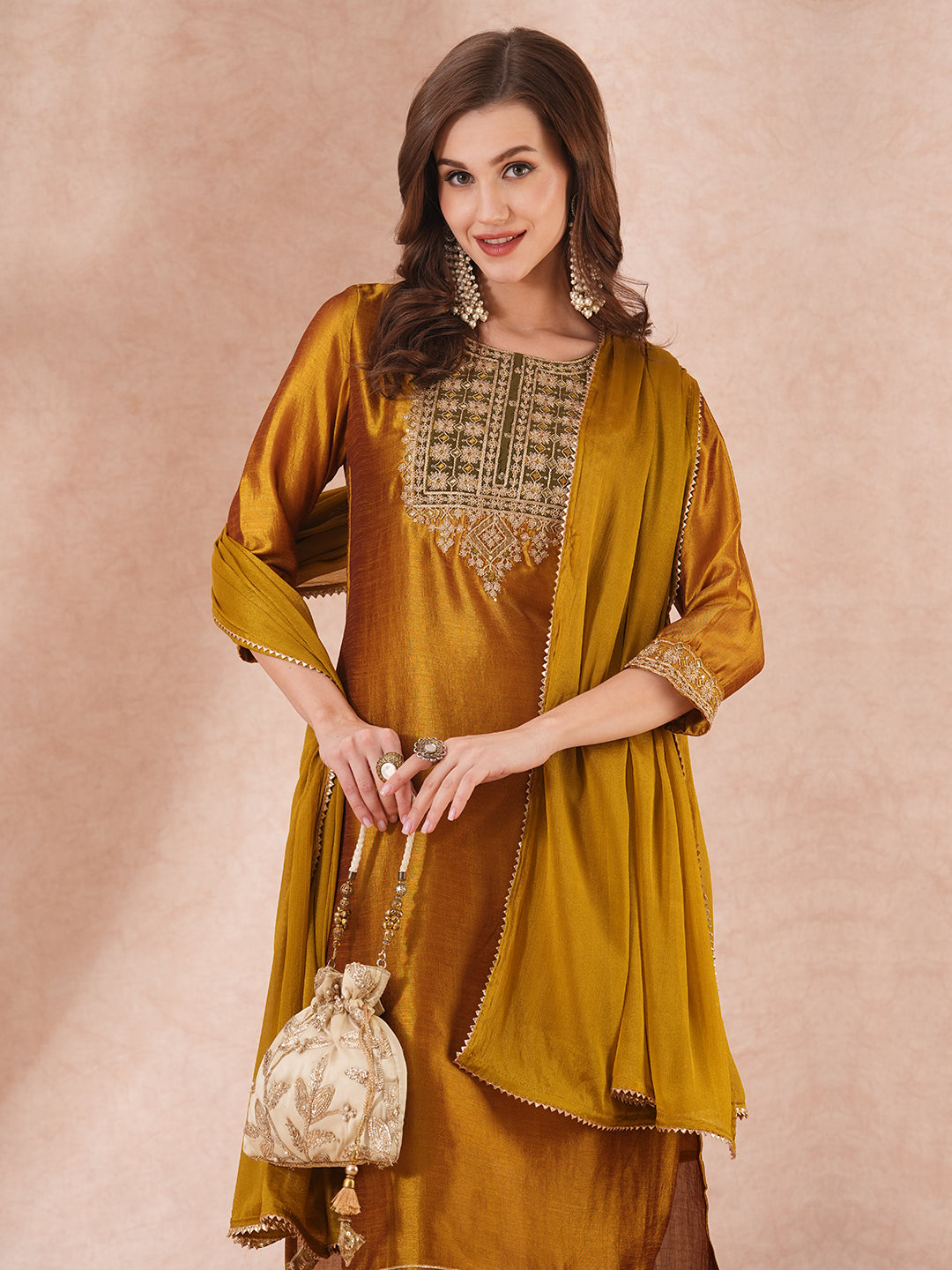 Solid Ethnic Embroidered Straight Fit Kurta with Pant and Dupatta - Mustard