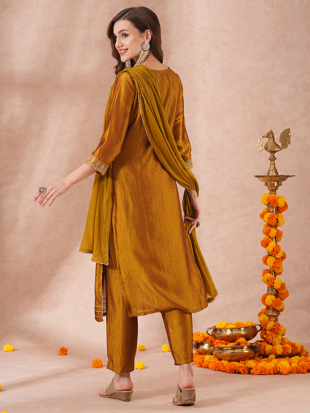 Solid Ethnic Embroidered Straight Fit Kurta with Pant and Dupatta - Mustard