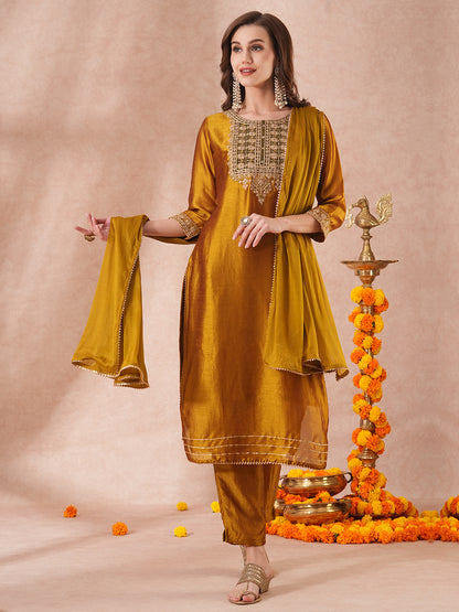 Solid Ethnic Embroidered Straight Fit Kurta with Pant and Dupatta - Mustard