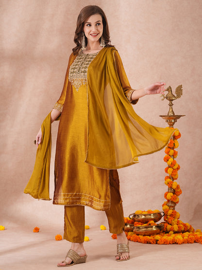 Solid Ethnic Embroidered Straight Fit Kurta with Pant and Dupatta - Mustard