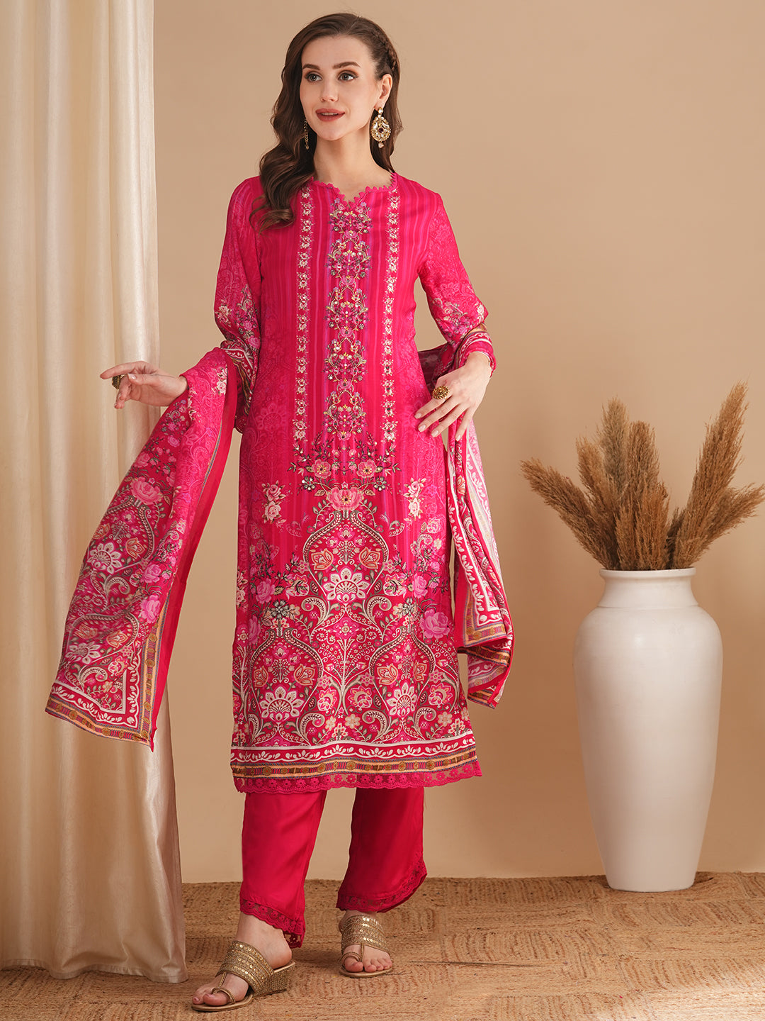 Floral Printed & Hand Embroidered Straight Kurta with Palazzo & Dupatta - Pink