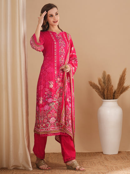 Floral Printed & Hand Embroidered Straight Kurta with Palazzo & Dupatta - Pink