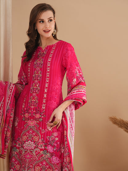 Floral Printed & Hand Embroidered Straight Kurta with Palazzo & Dupatta - Pink