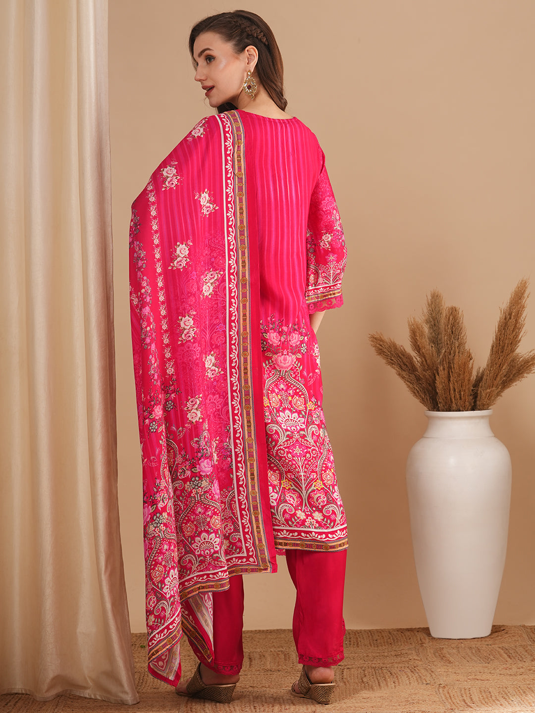 Floral Printed & Hand Embroidered Straight Kurta with Palazzo & Dupatta - Pink