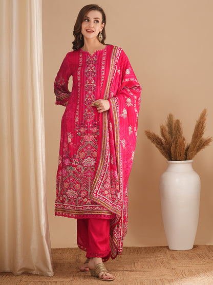 Floral Printed & Hand Embroidered Straight Kurta with Palazzo & Dupatta - Pink