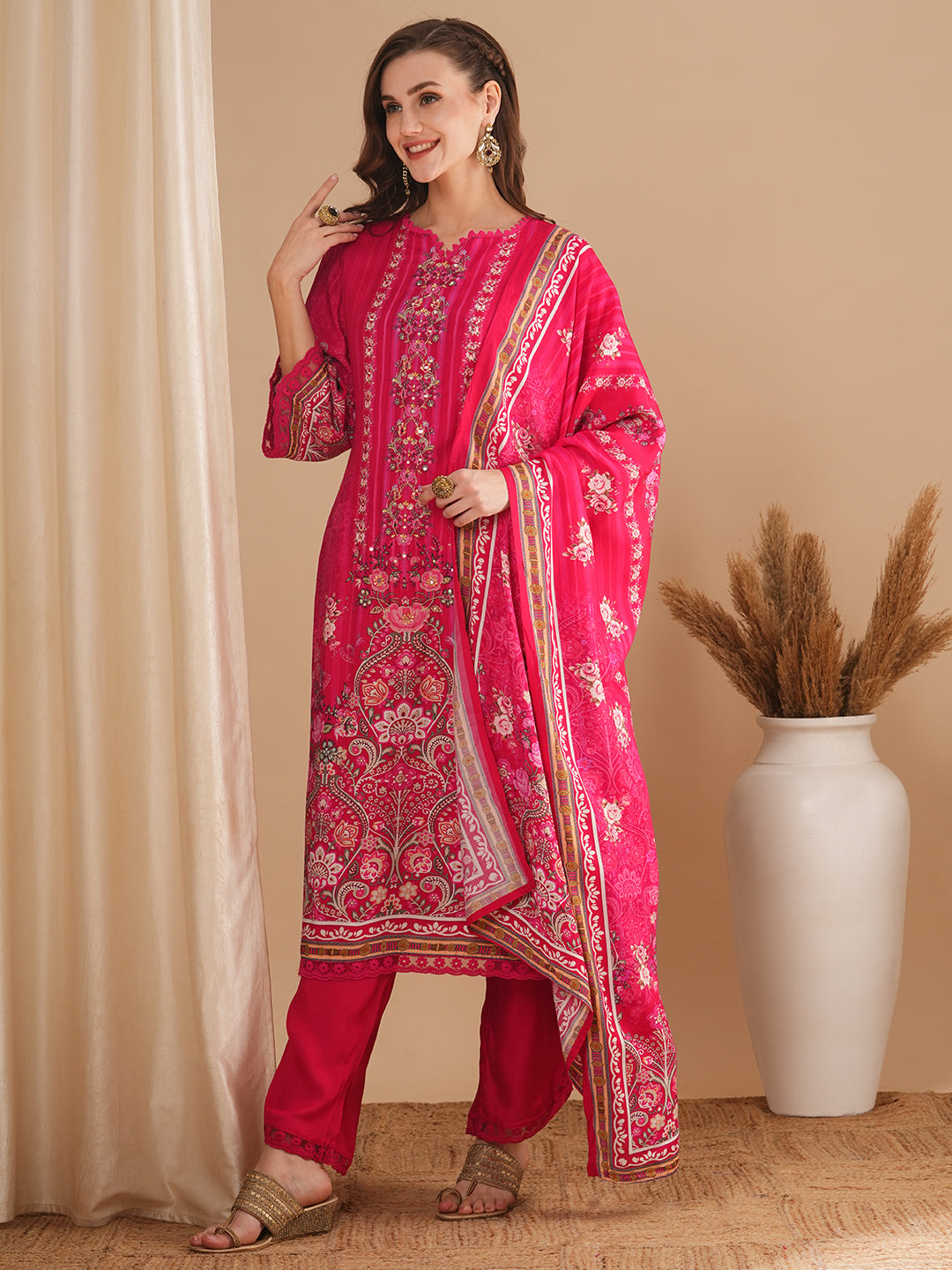 Floral Printed & Hand Embroidered Straight Kurta with Palazzo & Dupatta - Pink