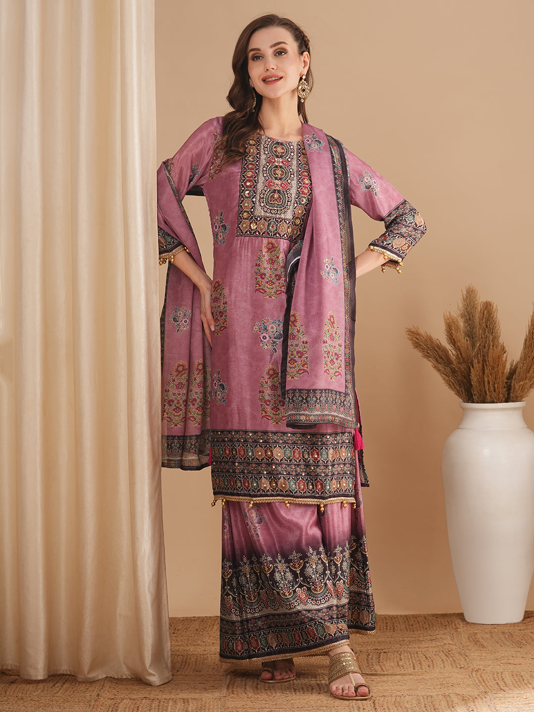 Ethnic Printed & Embroidered Straight Fit Kurta with Palazzo & Dupatta - Mauve