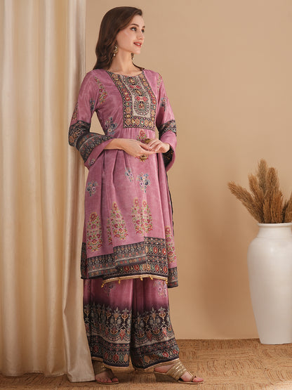 Ethnic Printed & Embroidered Straight Fit Kurta with Palazzo & Dupatta - Mauve