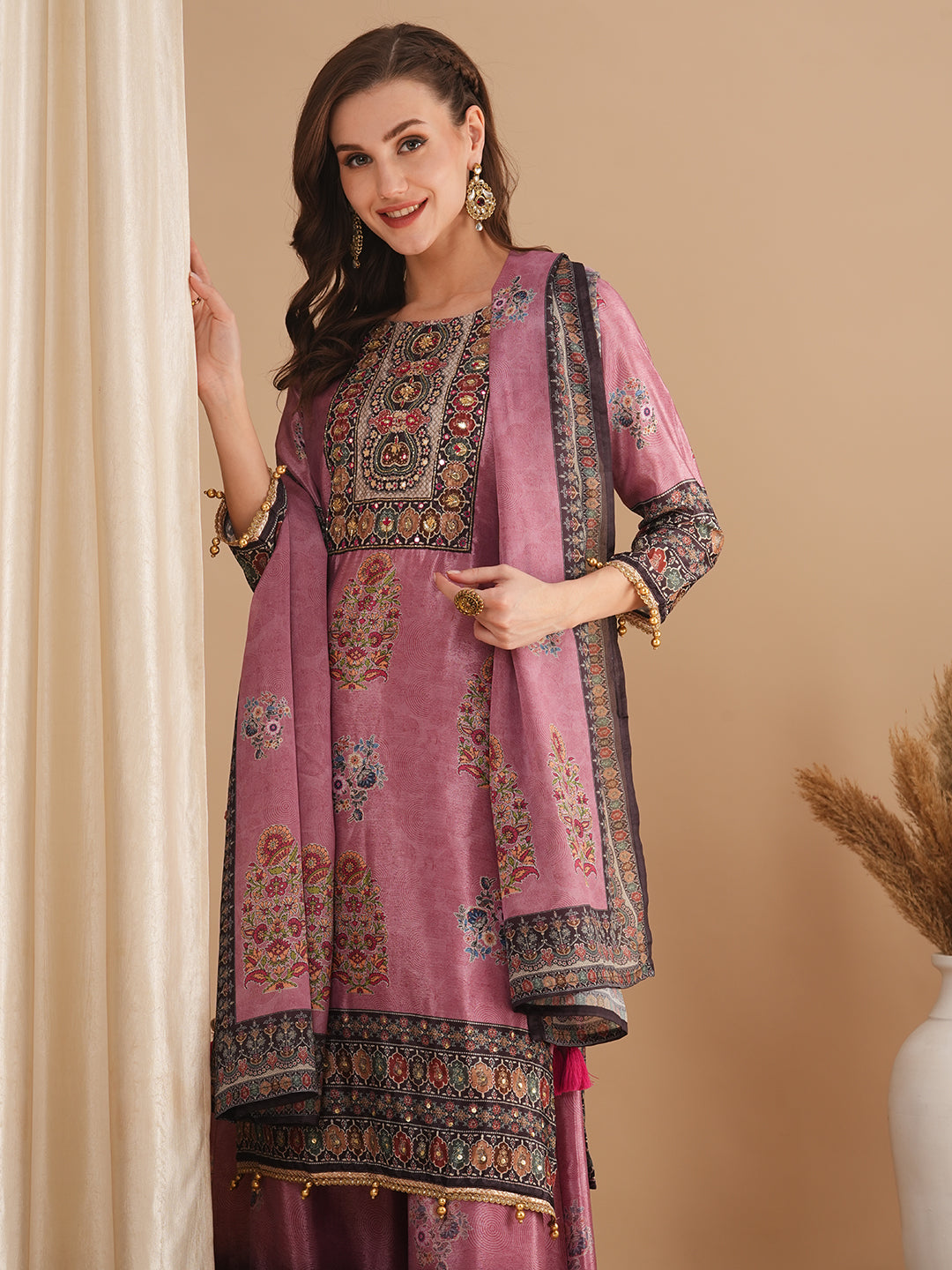 Ethnic Printed & Embroidered Straight Fit Kurta with Palazzo & Dupatta - Mauve