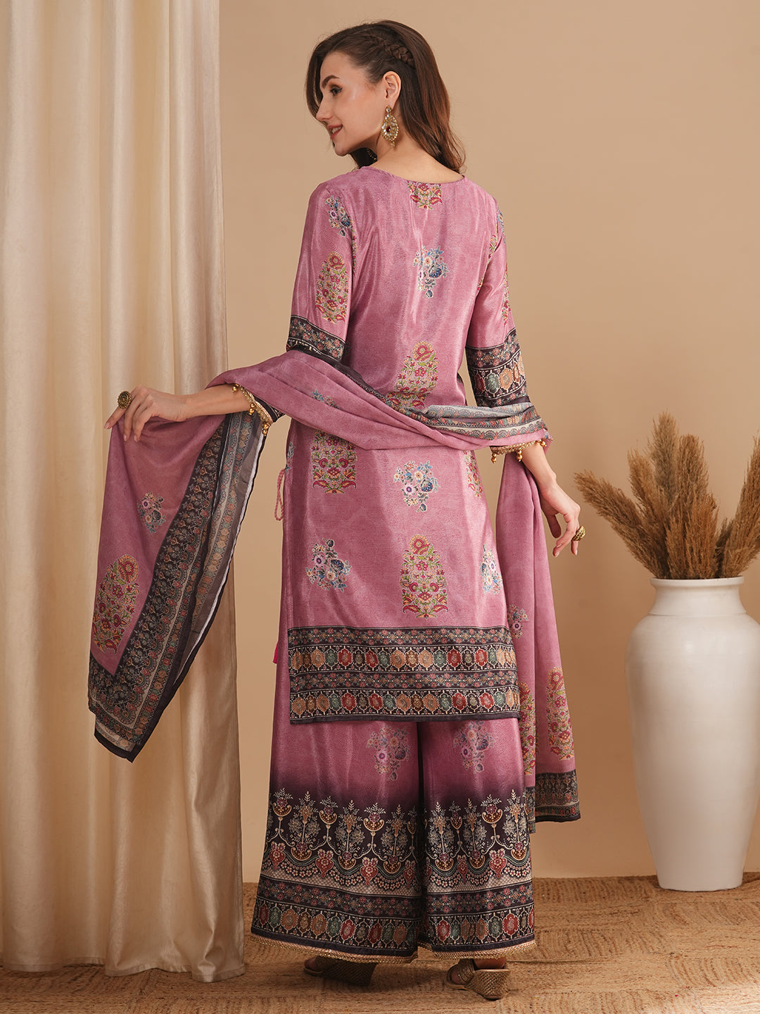 Ethnic Printed & Embroidered Straight Fit Kurta with Palazzo & Dupatta - Mauve