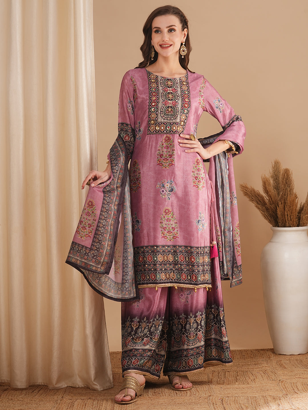 Ethnic Printed & Embroidered Straight Fit Kurta with Palazzo & Dupatta - Mauve