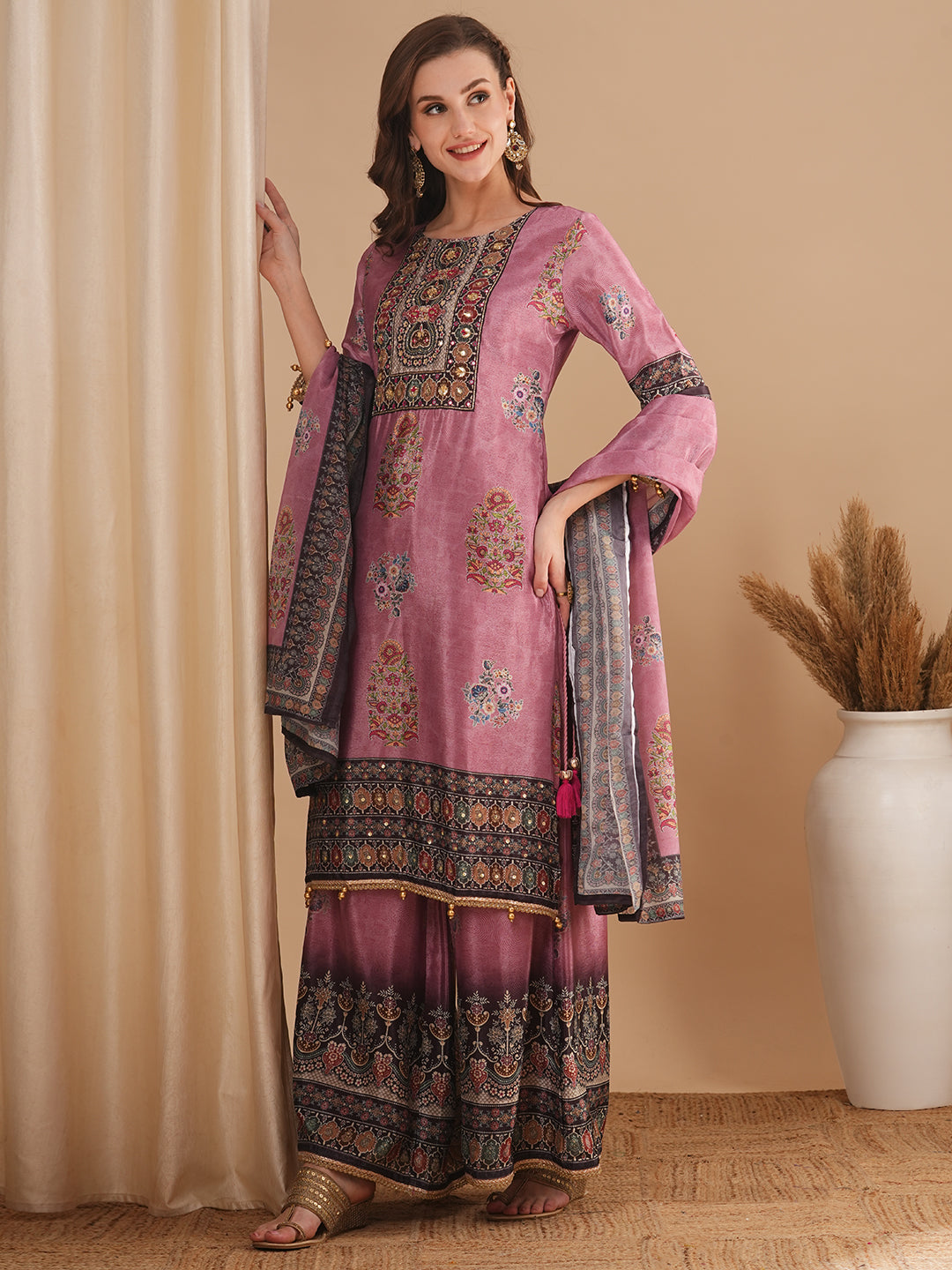 Ethnic Printed & Embroidered Straight Fit Kurta with Palazzo & Dupatta - Mauve