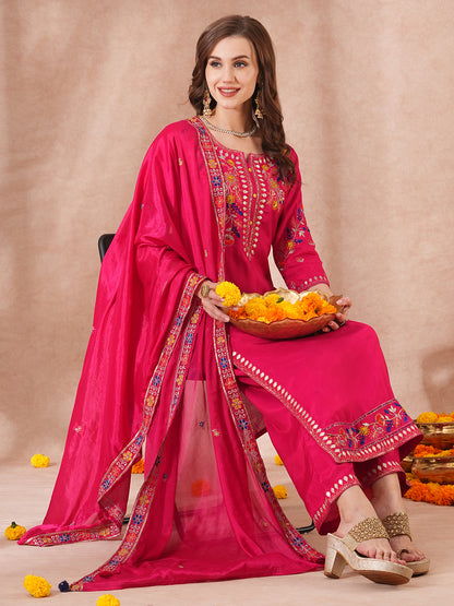 Solid Floral Embroidered Straight Fit Kurta with Palazzo and Dupatta - Pink