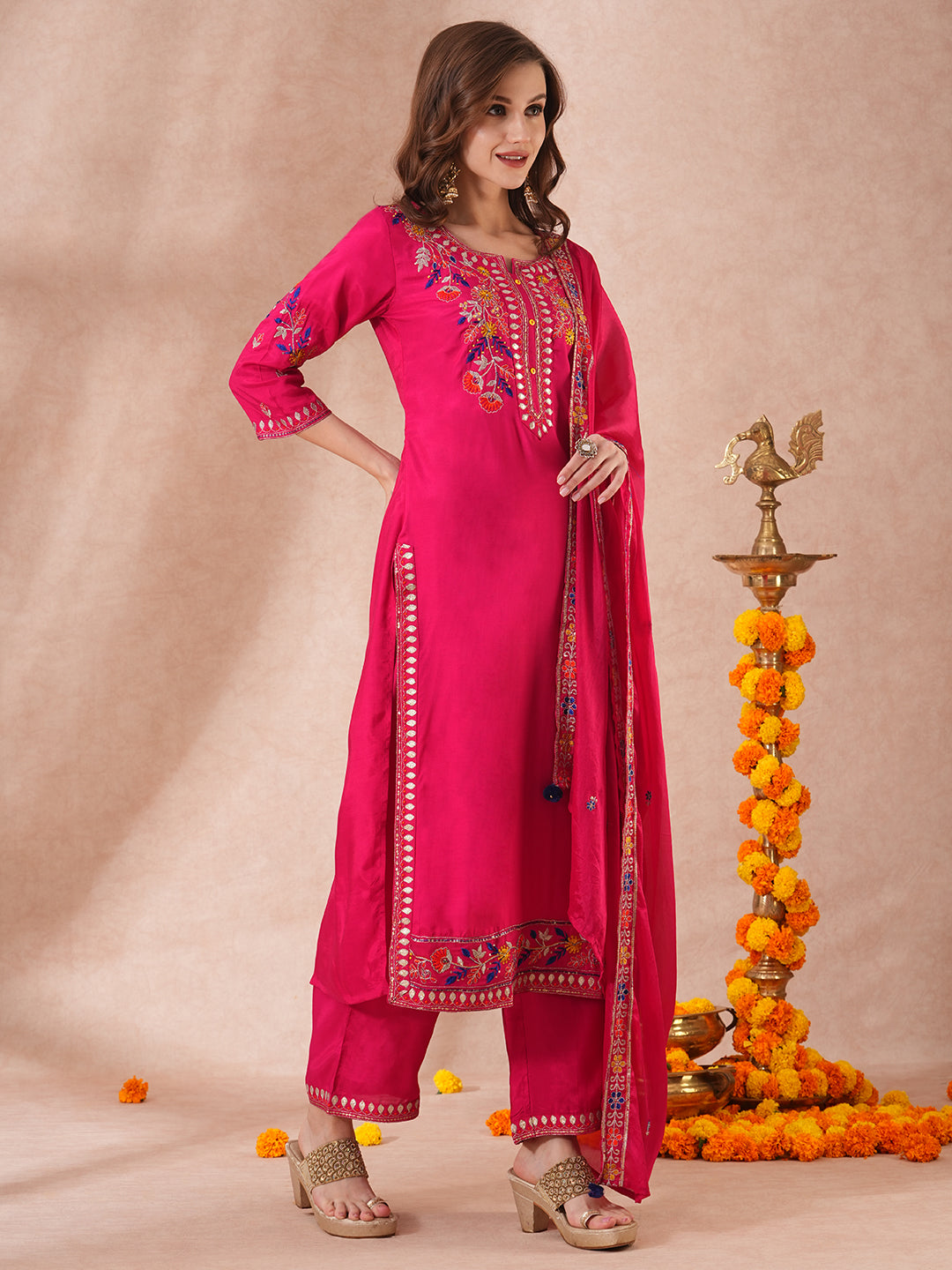 Solid Floral Embroidered Straight Fit Kurta with Palazzo and Dupatta - Pink