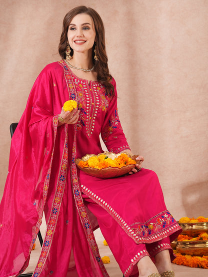 Solid Floral Embroidered Straight Fit Kurta with Palazzo and Dupatta - Pink