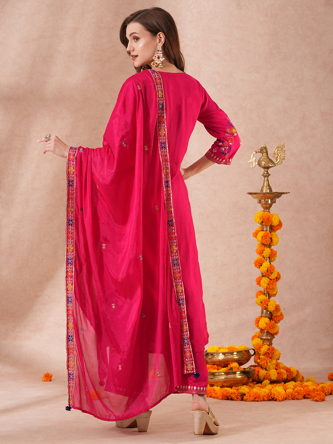 Solid Floral Embroidered Straight Fit Kurta with Palazzo and Dupatta - Pink