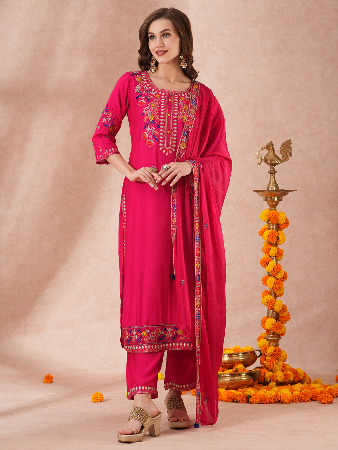 Solid Floral Embroidered Straight Fit Kurta with Palazzo and Dupatta - Pink