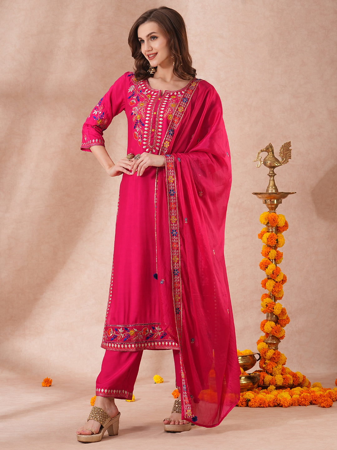 Solid Floral Embroidered Straight Fit Kurta with Palazzo and Dupatta - Pink