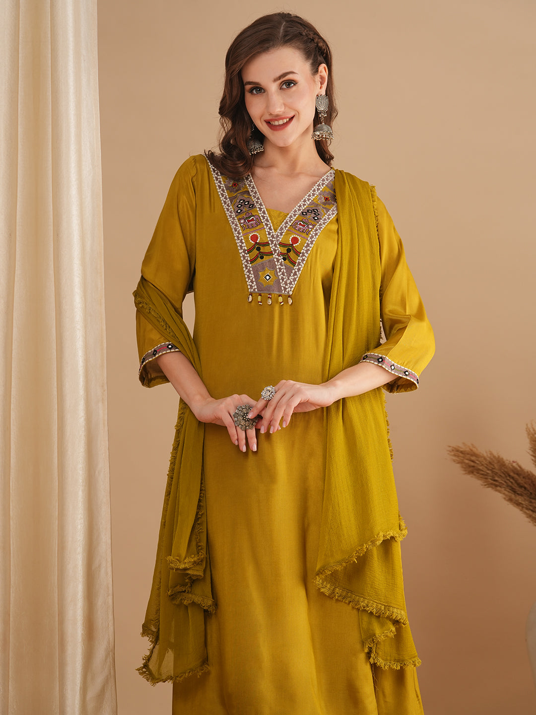 Solid Ethnic Embroidered A-Line Kurta with Pant & Dupatta - Green