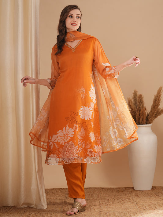 Floral Printed & Embroidered Straight Fit Kurta with Pant & Dupatta - Mustard