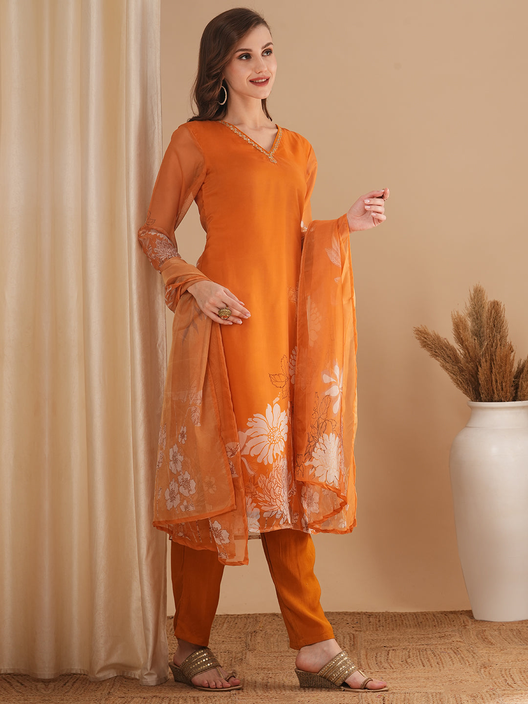 Floral Printed & Embroidered Straight Fit Kurta with Pant & Dupatta - Mustard