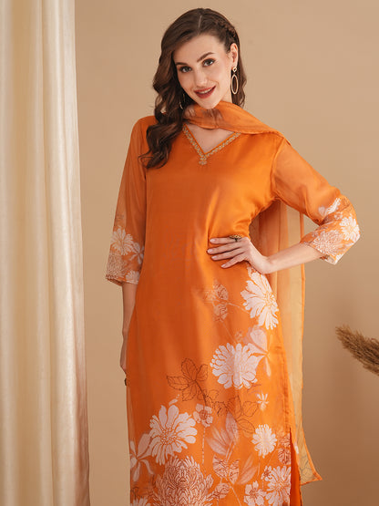 Floral Printed & Embroidered Straight Fit Kurta with Pant & Dupatta - Mustard