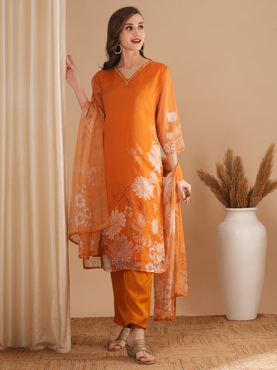 Floral Printed & Embroidered Straight Fit Kurta with Pant & Dupatta - Mustard