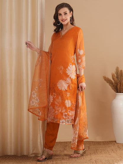 Floral Printed & Embroidered Straight Fit Kurta with Pant & Dupatta - Mustard