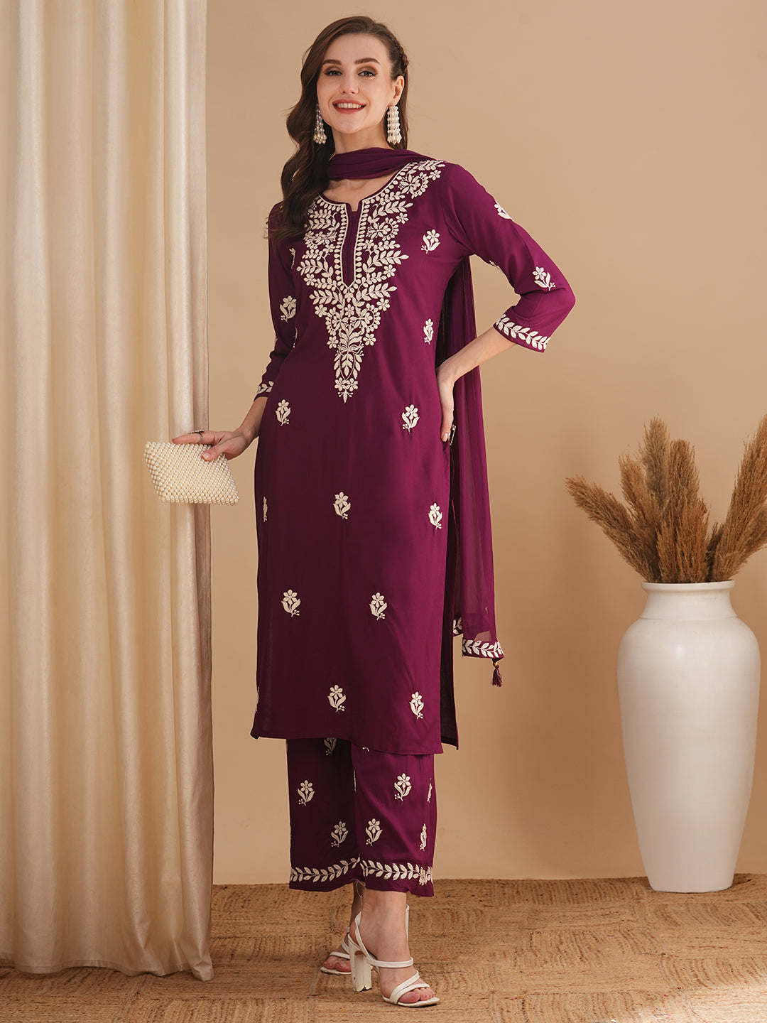 Solid Chikankari Embroidered Straight Fit Kurta with Palazzo and Dupatta - Burgundy