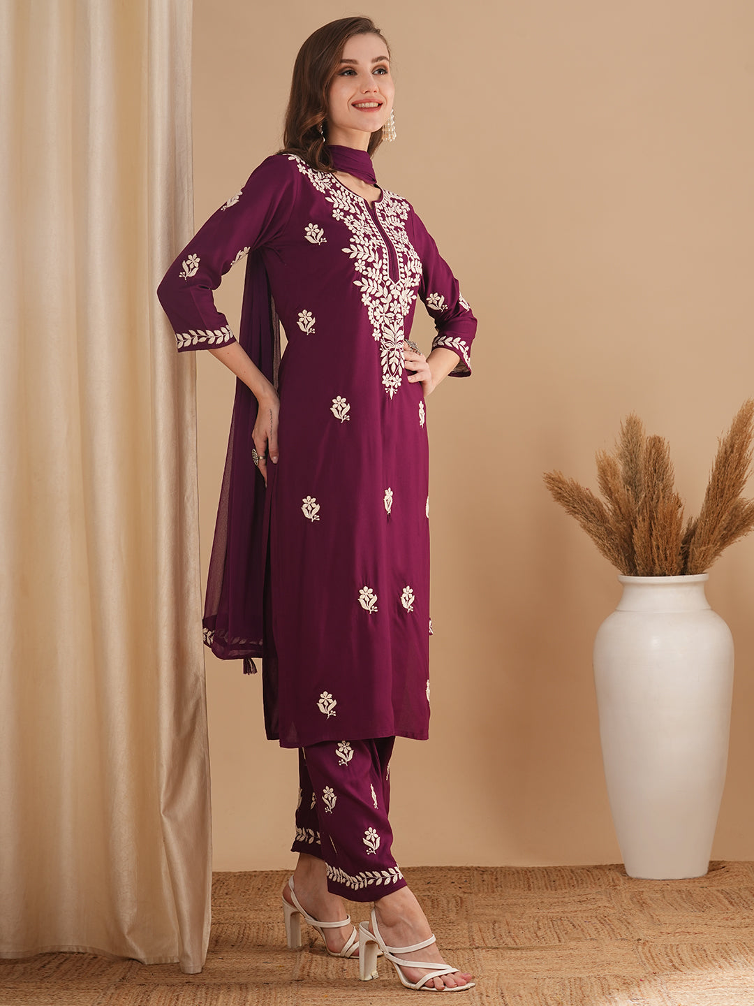 Solid Chikankari Embroidered Straight Fit Kurta with Palazzo and Dupatta - Burgundy