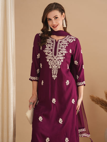 Solid Chikankari Embroidered Straight Fit Kurta with Palazzo and Dupatta - Burgundy