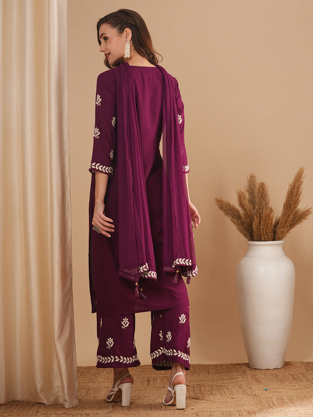 Solid Chikankari Embroidered Straight Fit Kurta with Palazzo and Dupatta - Burgundy