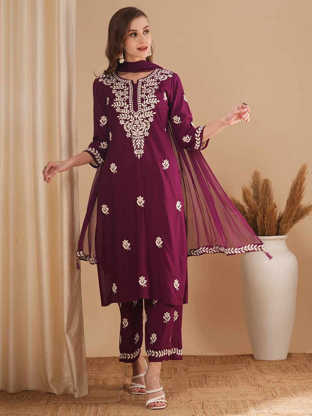 Solid Chikankari Embroidered Straight Fit Kurta with Palazzo and Dupatta - Burgundy