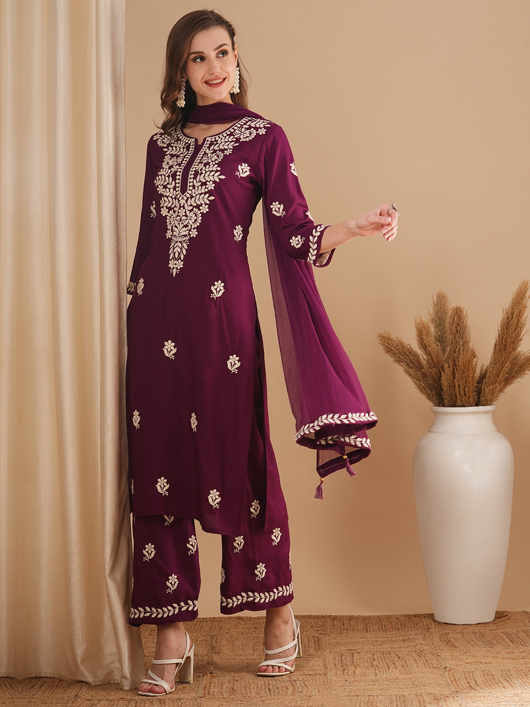 Solid Chikankari Embroidered Straight Fit Kurta with Palazzo and Dupatta - Burgundy