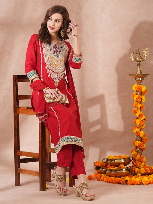 Solid Ethnic Embroidered Straight Fit Kurta with Pant and Dupatta - Red