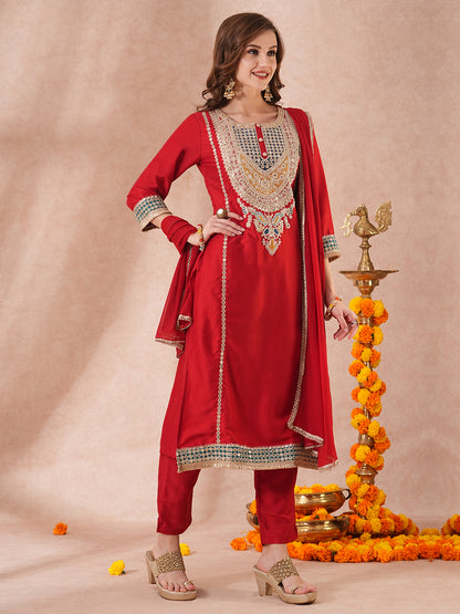 Solid Ethnic Embroidered Straight Fit Kurta with Pant and Dupatta - Red