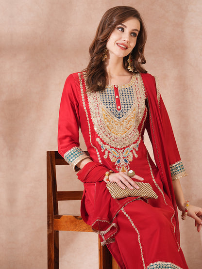 Solid Ethnic Embroidered Straight Fit Kurta with Pant and Dupatta - Red