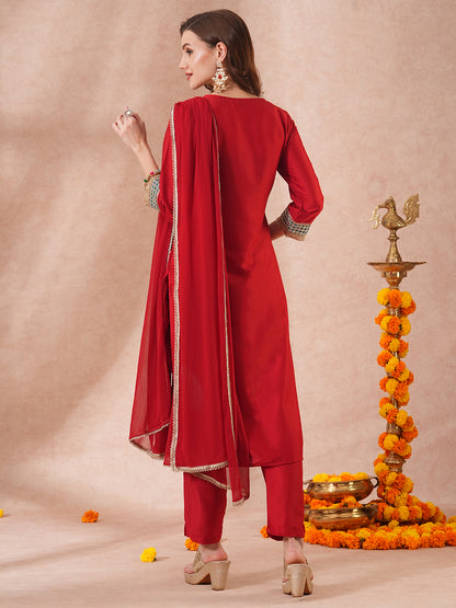 Solid Ethnic Embroidered Straight Fit Kurta with Pant and Dupatta - Red