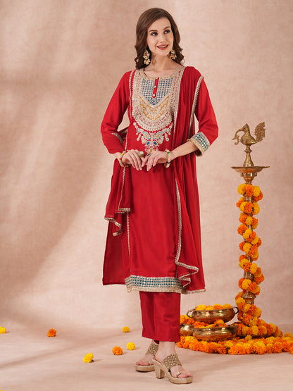 Solid Ethnic Embroidered Straight Fit Kurta with Pant and Dupatta - Red