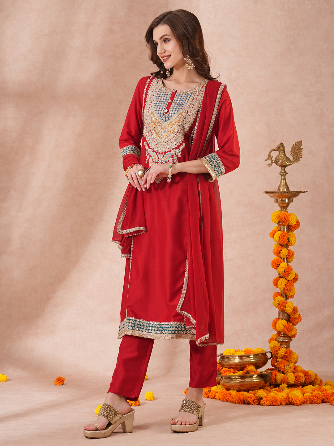 Solid Ethnic Embroidered Straight Fit Kurta with Pant and Dupatta - Red