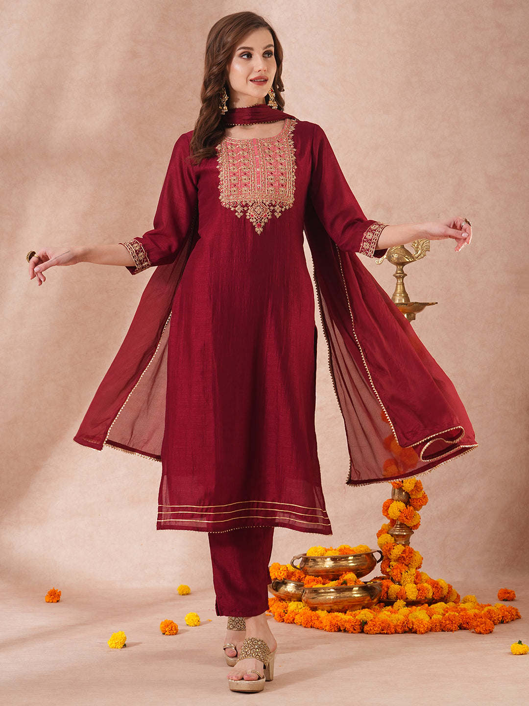 Solid Ethnic Embroidered Straight Fit Kurta with Pant and Dupatta - Maroon