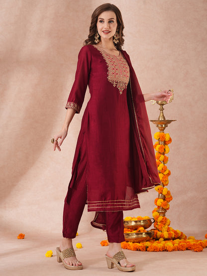 Solid Ethnic Embroidered Straight Fit Kurta with Pant and Dupatta - Maroon