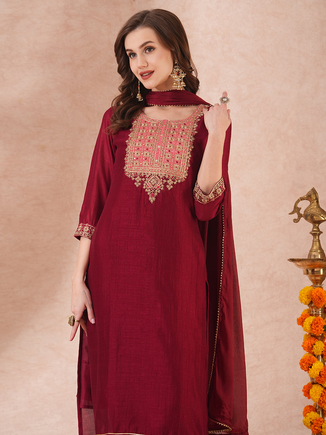 Solid Ethnic Embroidered Straight Fit Kurta with Pant and Dupatta - Maroon