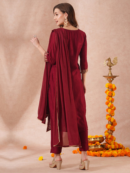 Solid Ethnic Embroidered Straight Fit Kurta with Pant and Dupatta - Maroon