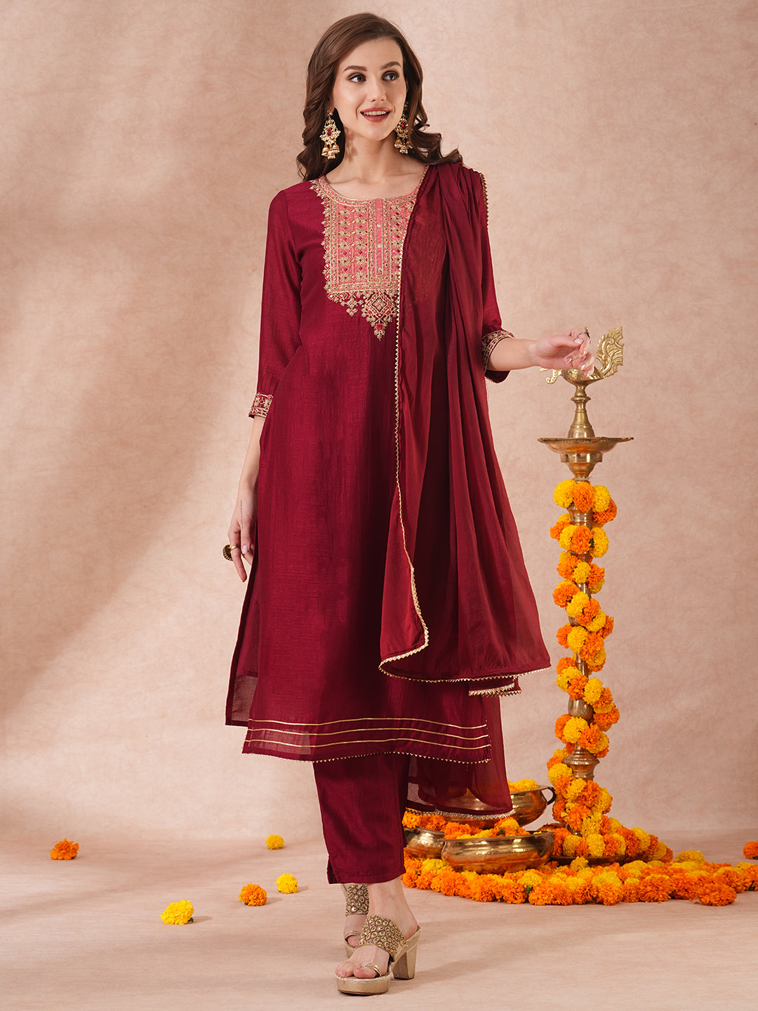 Solid Ethnic Embroidered Straight Fit Kurta with Pant and Dupatta - Maroon