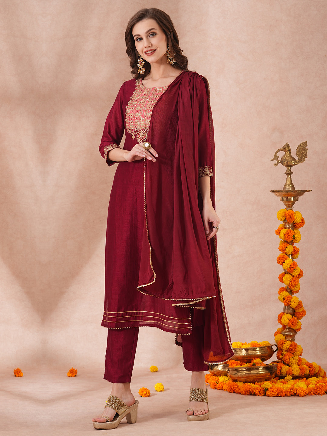 Solid Ethnic Embroidered Straight Fit Kurta with Pant and Dupatta - Maroon