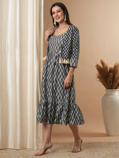 Ethnic Floral Printed A-Line Pleated Tiered Maxi Dress with Ethnic Printed Jacket - Grey